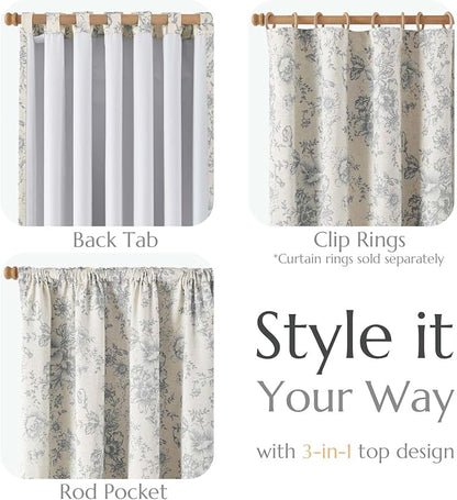 jinchan Grey Floral Linen Blackout Curtains Lined 90 Inch Back Tab 2 Panels | - Image 5