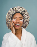 Auban Shower Cap, Shower Cap for Women Terry Cloth Lined EVA Exterior Reusable Double Layer Waterproof, Large Bath Hair Cap, Hotel Travel Essentials Accessories Cleaning Supplies (Leopard)