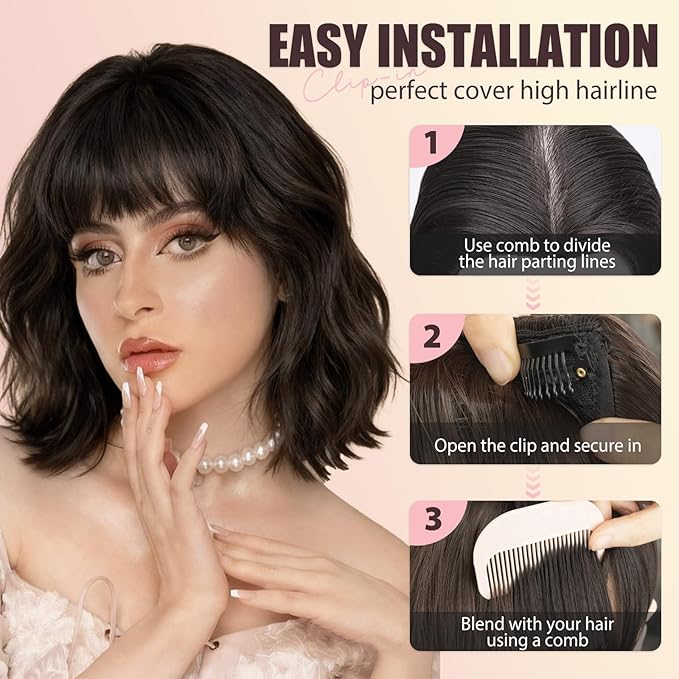 Clip in Bangs, Synthetic French Bangs Hair Clip, Silver Grey Fake Bangs Fringe with Temples Hairpieces for Women Natural Curved Hair Extensions for Daily Wear