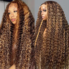 40 Inch Highlight Ombre Human Hair Wigs 13x6 HD Honey Blonde Deep Wave Lace Front Wigs Human Hair 180 Density Glueless Deep Wave 4/27 Colored Wet and Wavy Curly Wig Pre Plucked for Women