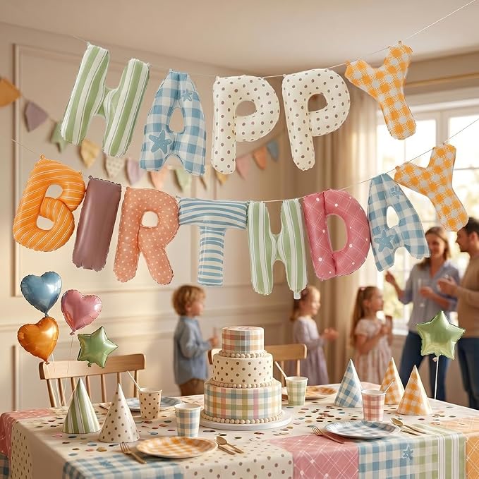 Colorful Happy Birthday Banner Foil Letter Balloon, 14 Inch 3D Plaid, Polka Dots - Image 7