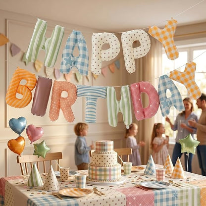Colorful Happy Birthday Banner Foil Letter Balloon, 14 Inch 3D Plaid, Polka Dots - Image 7