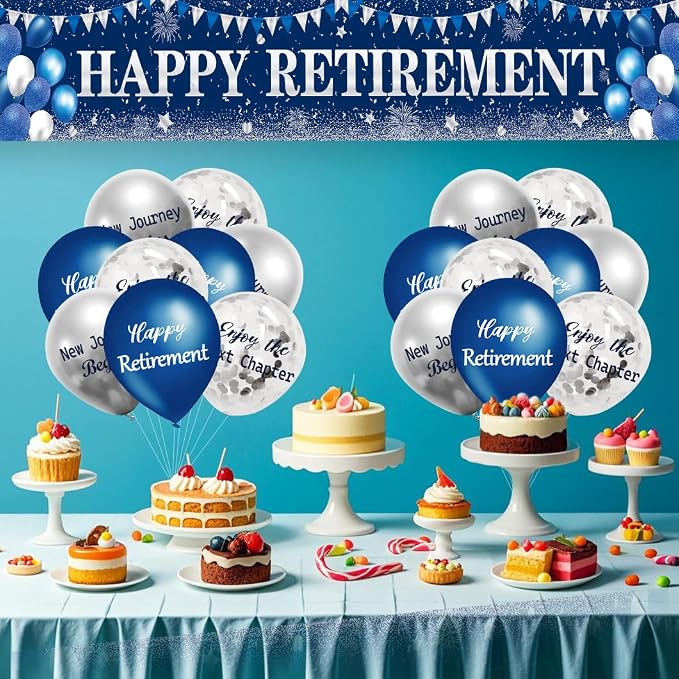 GOLDCROW Retirement Party Decorations Blue Silver Happy Retirement Banner - Image 2