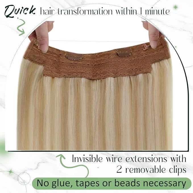 RUNATURE Invisible Wire Hair Extensions, Blonde Human Hair Extensions, Soft Remy Hair, Fish Line Natural Extensions for Women, Add Hair Volume, 14 Inch 70g #18p613 Ash Blonde Highlights