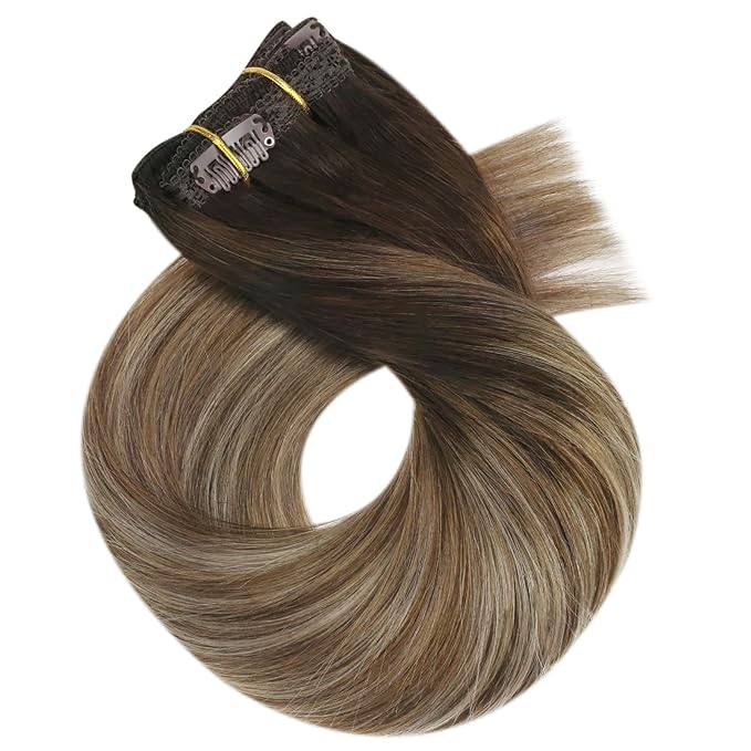 Moresoo Clip in Hair Extensions Real Human Hair for Women Short Human Hair Clip in Extensions Balayage Brown to Blonde 14 Inch Different Batches