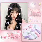 36Pcs Y2k Pink Bow Hair Clips Water Drop Snap Hair Barrettes Metal No Slip Star Hair Clips White Mini Hair Bows Bowknot Star Hair Accessories for Women Girls