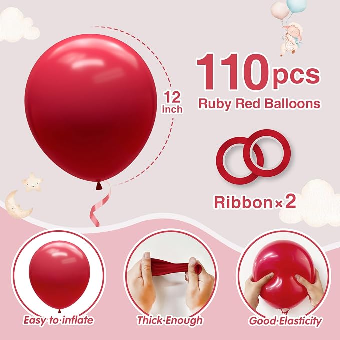 110pcs Ruby Red Balloons 12 Inch Dark Red Latex Balloon Arch Kit - Image 2