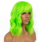 Short Bob Wigs with Bangs for Women Loose Wavy Wig Curly Wavy Shoulder Length Bob Synthetic Cosplay Wig for Girl Colorful Costume Wigs (Neon Green)