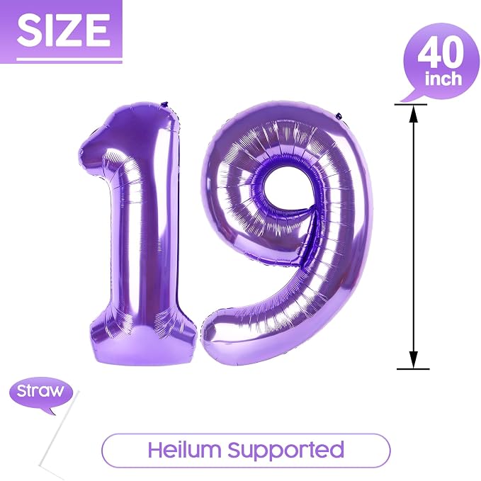 19 Balloon - Purple Birthday Number Balloons, 40 Inch Decorations Men Women | - Image 5