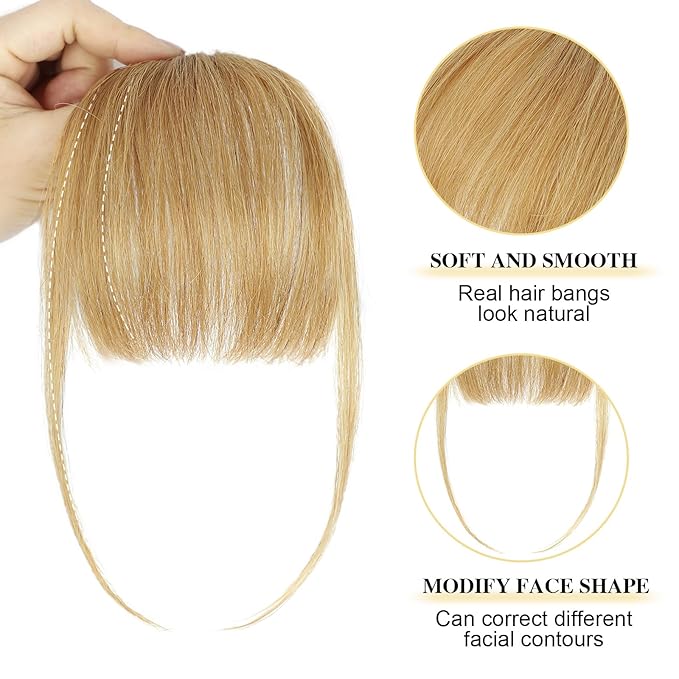 BOGSEA Clip in Bangs 100% Human Hair Bangs with Temples Bangs Hairpieces for Women Clip in Fake Bangs for Daily Wear (Honey Blonde, Wispy Bangs)