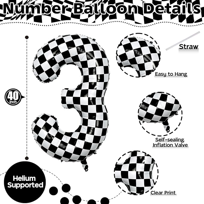 3rd Birthday Number Balloons for Boys, 40 Inch Checkered Racing Foil 3 Balloons - Image 2