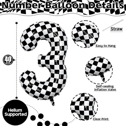 3rd Birthday Number Balloons for Boys, 40 Inch Checkered Racing Foil 3 Balloons - Image 2