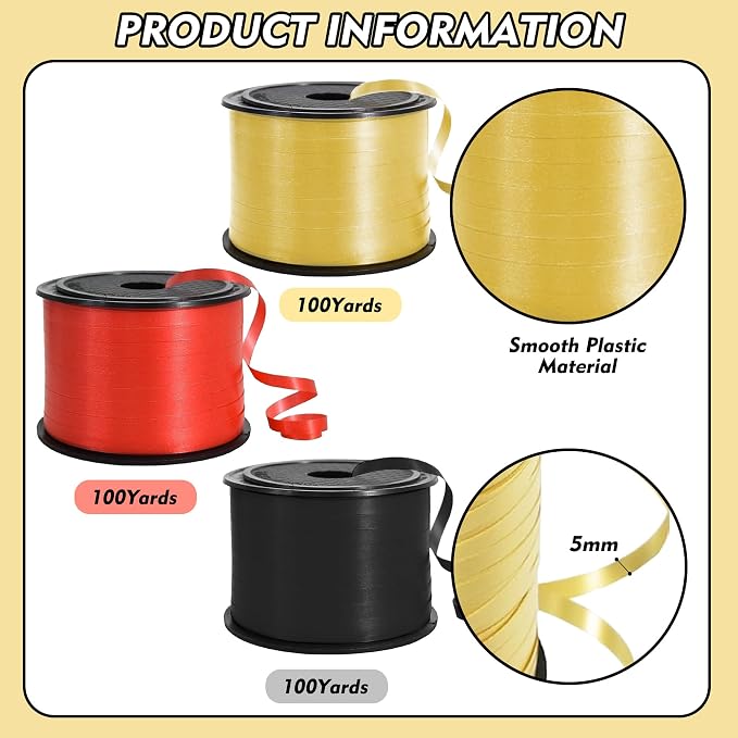TONIFUL Black Red Gold Curling Ribbon Balloon String Gift Wrapping | 300 yards - Image 2