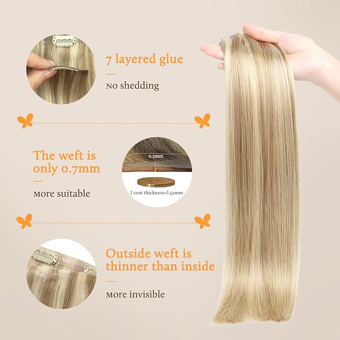 DOORES Seamless Clip in Hair Extensions Real Human Hair, Light Blonde Highlighted Golden Blonde 20 Inch 110g 7pcs, Human Hair Extensions Seamless Clip in Invisi Edge Hair Extensions Straight Hair