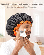 mikimini Large Shower Cap for Women Long Hair, Black, Reusable Waterproof Double Layers XL Washable Colorfast Odorless High-Quality Shower Cap for Men with Vibrant Orange Edge