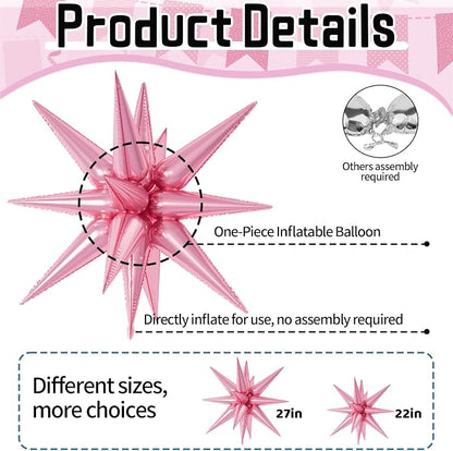 22/27 Inch Hot Pink Purple Star Balloons, Cone Spike Balloon, Aluminum Foil - Image 3