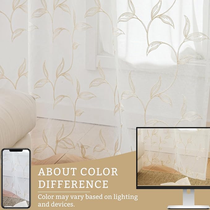 Sheer Curtains Boho Leaf Floral Embroidered Cream Beige 54Wx90L | Light - Image 8