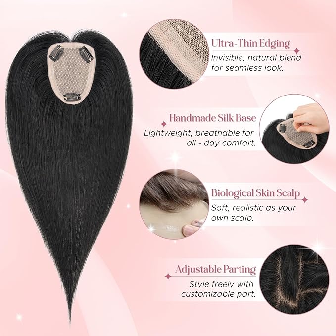 Real Human Hair Toppers for Women 3.54"*4.72" Silky Base 150% Density No Bangs Adjustable Parting Clip-In Topper Hairpieces for Women with Thinning Hair 16 Inches Dark Black