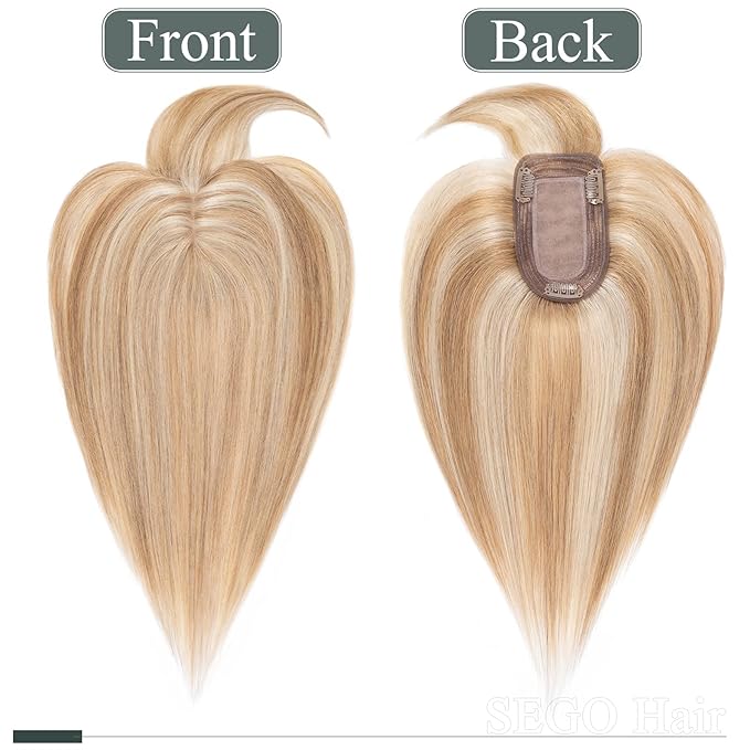 SEGO Hair Toppers for Women Real Human Hair with Thinning Hair, Hair Pieces Clip in Toppers Straight Hair Pieces with Front Bangs -10 Inch #12/613 Golden Brown Mix Bleach Blonde