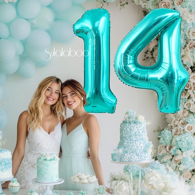 40 Inch Big Teal Blue Number 14 Foil 0-9 Mylar Helium Balloons | Large Digital - Image 2