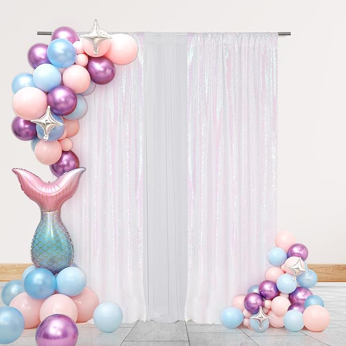 PartyDelight Iridescent White Sequin Backdrop Curtains 2x8ft 2 Panels | Color - Image 8