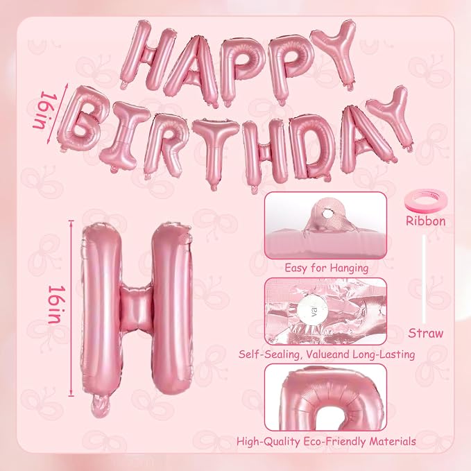 Pink Happy Birthday Balloons Banner, 16 Inch Pink Letters Aluminum Foil Balloon - Image 6