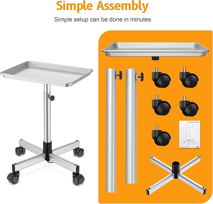Salon Tray on Wheels - Premium Aluminum Tattoo Tray Rolling Trolley - Adjustable Salon Service Rolling Tray Hairdresser Cart with Clinic Spa Rolling Tray Wheels (Pure Silver)