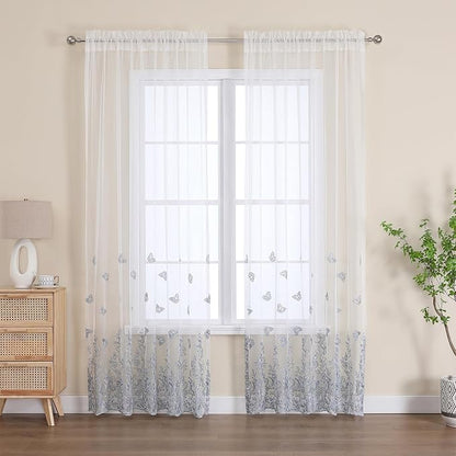 White Sheer Voile Curtains Blue Embossed Butterflies 54Wx63L Inch | Light - Image 2
