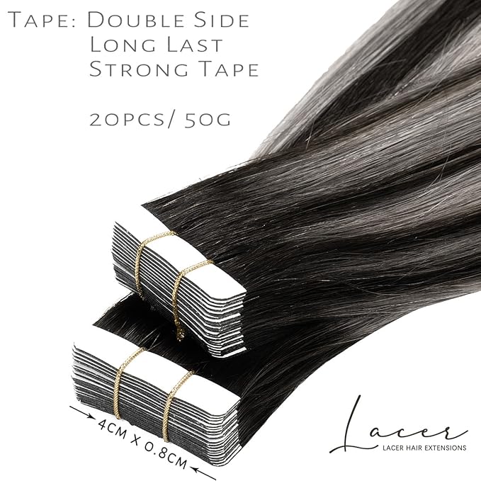 Lacer Grey Tape in Hair Extensions Human Hair Straight Natural Black to Silver Highlights with Natural Black Roots Hair Extensions Tape in 20 Inches 20pcs/50g