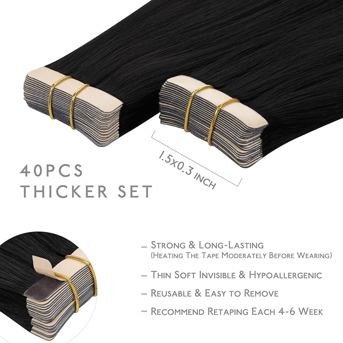 WENNALIFE Tape in Hair Extensions Human Hair, 40pcs 120g 26 inch Jet Black Hair Extensions Real Human Hair Straight Tape in Extensions Invisible Human Hair Extensions Reusable Real Hair Extensions