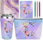 Personalized Gifts Monogrammed Birthday Gifts for Women, Cowerker Wife Sister Wedding Christmas Initial 20 oz Tumbler, Makeup Bag Cup Ballpoint Pens Journal Notebook 6 Set, (Aesthetic Purple Flower C)