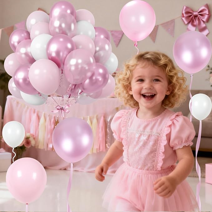 Pink Balloons Set, 12 Inch Metallic Light Baby Pink and White Balloon, - Image 6