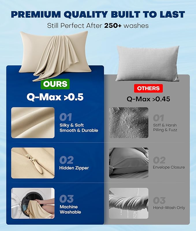 Ultra-Chill Cooling Pillowcase Set of 2 for Hot Sleepers, Softer Than Silk Pillow Cases for Protecting Hair & Skin, Breathable Bed Pillow Covers w/Zipper, Gifts for Women & Men(Beige, Queen)