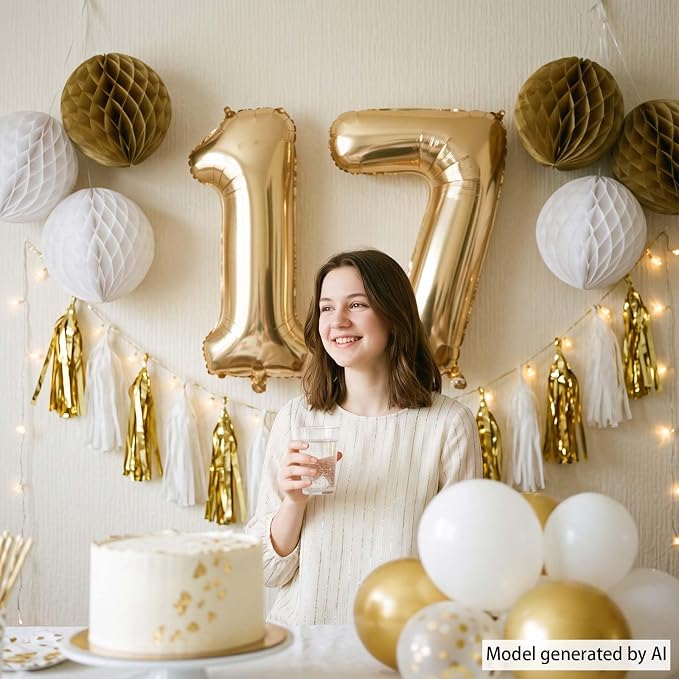 White Gold Number 17 Balloon 40 Inch, Champagne Foil Seventeenth Decoration | - Image 6