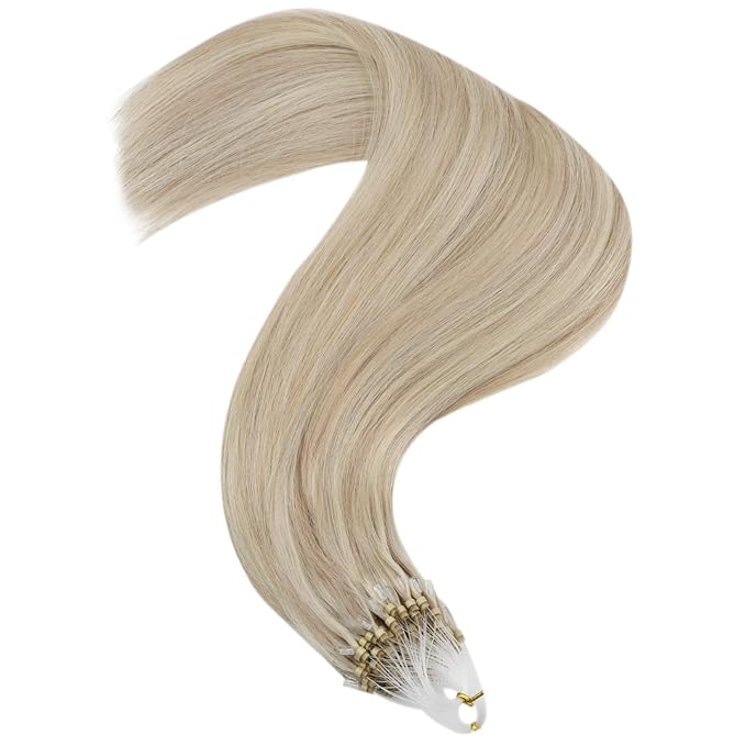 YoungSee Micro Beads Hair Extensions Blonde Micro Loop Hair Extensions Real Human Hair Ash Blonde Mix Blond Highlight Beaded Hair Extension Real Human Hair for Long Hair 24 Inch 50g 50s