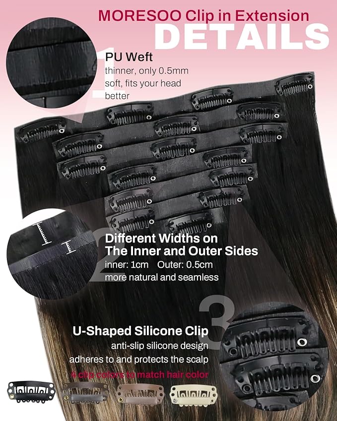 Moresoo Seamless Clip in Hair Extensions Ombre Black to Blonde Hair Extensions Clip ins Real Hair Natural Black to Brown with Honey Blonde Long And Straight 120g/7pcs 20 inch