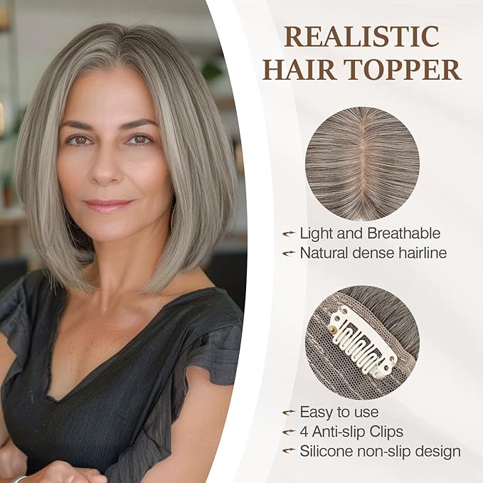 Rich Choices Hair Toppers for Women Real Human Hair 100% Human Remy Toppers NO Bangs for Women with Thinning on Top Clip in Hairpiece 4"x4.7"Lace Base 12 Inch Salt and Pepper G2 Sliver