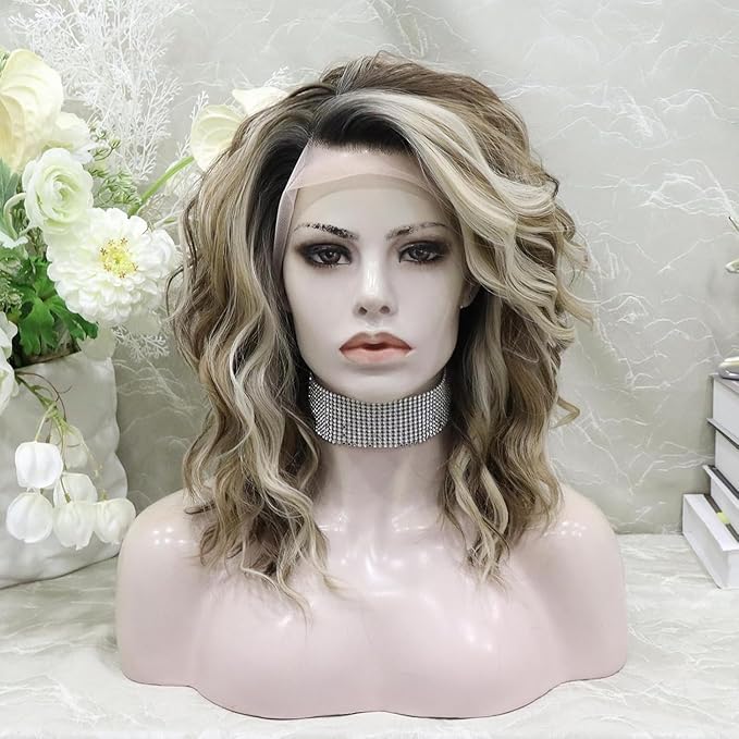 Synthetic Lace Front Wigs: Brown Highlight Ash Blonde 13*4 Inches Lace Front Wig, Short Bob Curly Wigs Synthetic Hair 16 Inches Wig Free Part with Natural Hairline Shoulder Length (Blonde Brown)