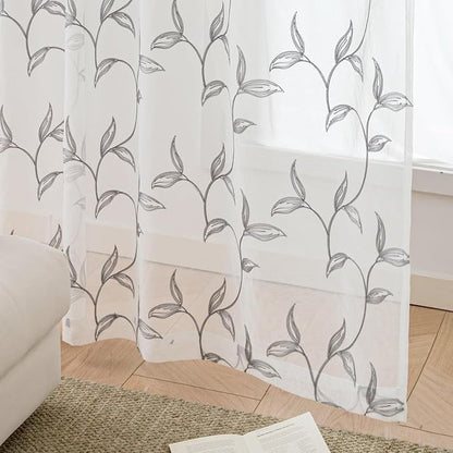 Sheer Curtains Boho Leaf Floral Embroidered Grey 54Wx56L | Light Filtering Semi - Image 6