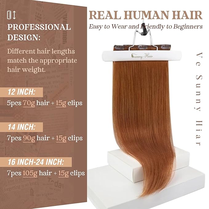 Ve Sunny Clip in Hair Extensions Real Human Hair Ginger Copper Clip in Extensions for Women Natural Human Hair Extensions Straight 7pcs 16 inch 120g