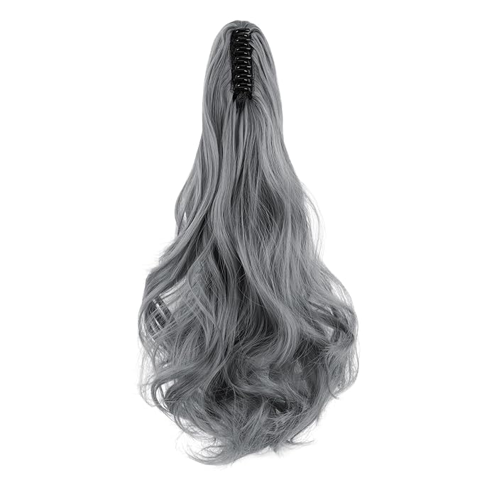 Claw Clip Ponytail Extension 18" Clip in Wavy Ponytail Hair Extensions Long Pony Tails for Women Extensions Granny Gray Wave Hairpiece