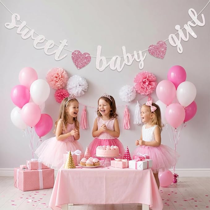 BEISHIDA Pre-Strung Glitter White Pink Girl Baby Banner Baby Shower Decor | NO - Image 4