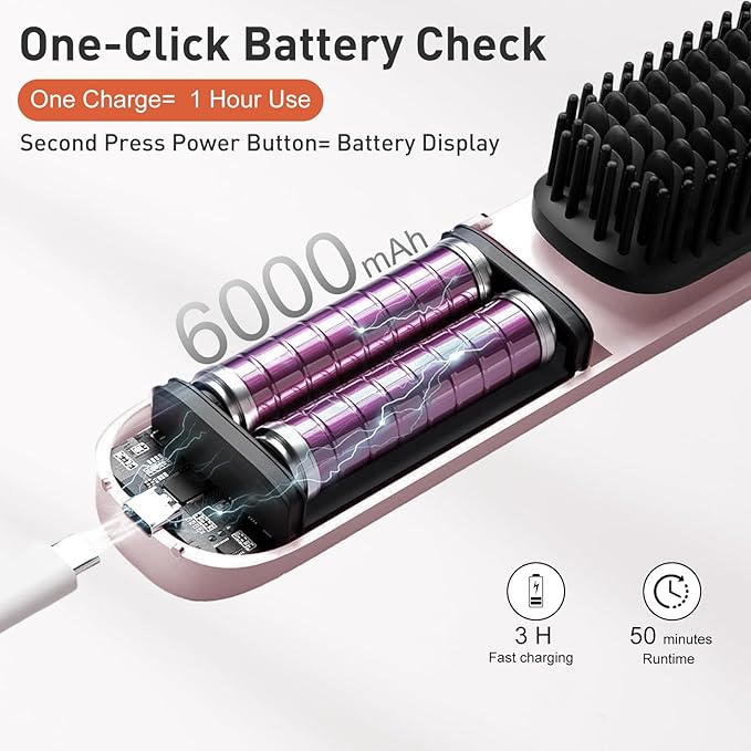 TANSHINE Cordless Hair Straightener Brush with 6000mAh Battery, Negative Ions & LCD Display - Portable Straightening Comb for Travel,Rechargeable Mini Hot Straightening Comb for Women,Pink