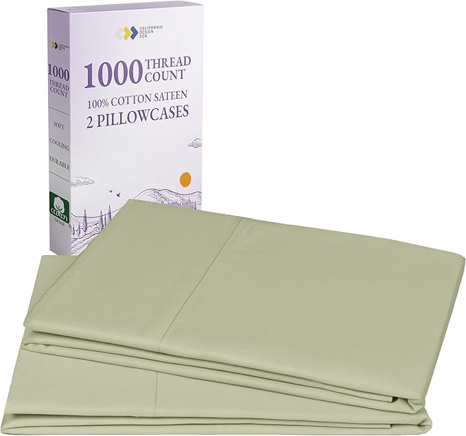 California Design Den King Pillow Cases Set of 2-1000 Thread Count Sateen, Soft and Thick 100% Cotton King Pillow Covers, Durable - Sage Green