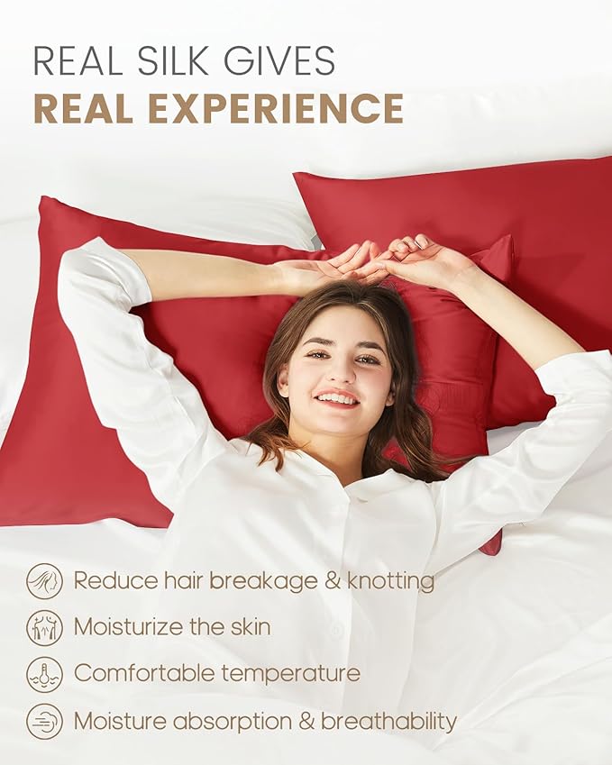 THXSILK Set of 2 100% Pure Mulberry Silk Pillowcases for Hair and Skin - Real Grade 6A+ Mulberry Silk - Durable, Soft and Anti-Aging Silk Pillow Cases with Zipper(King Size 20"x36", Red)