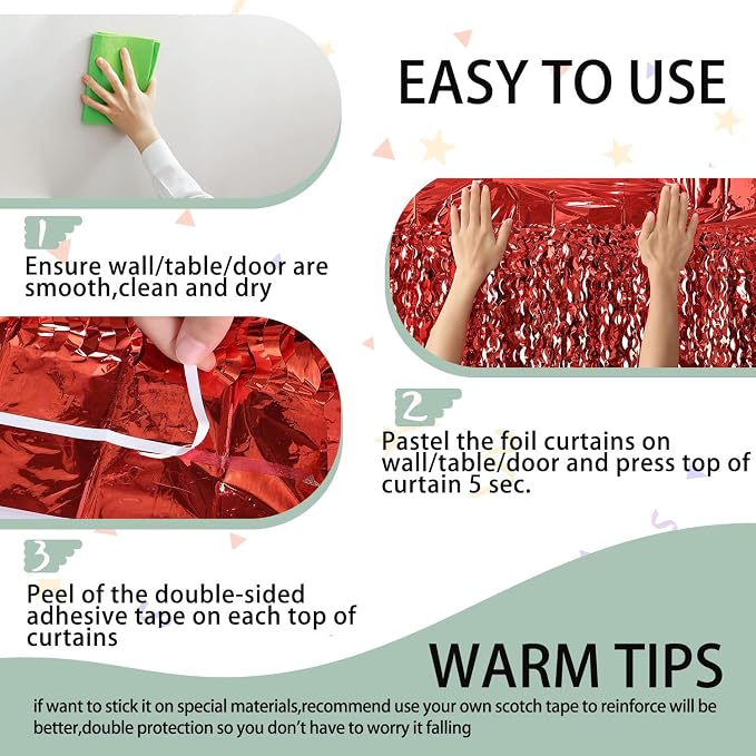 CYLMFC 3 Pack Red Aluminium Foil Curtains, 3.3ft x 6.6ft, Wavy Shape, - Image 4