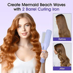Beach Wave Curling Iron Deep Waver Hair Tool, Mermaid Hair Waver for Women Crimper, Anti-Scald, Dual Voltage, 1.4 Inch Ceramic Double Barrel Wavy Curling Iron, Purple