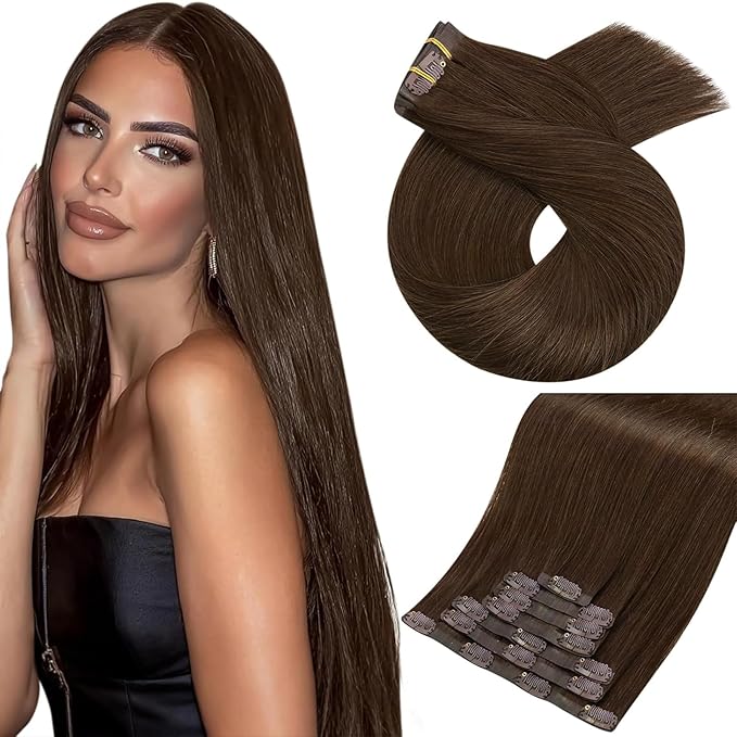 Moresoo Brown Seamless Clip in Hair Extensions Human Hair Medium Brown Hair Extensions Clip ins Long for Women Pu Skin Double Weft 120g/7pcs 20 inch
