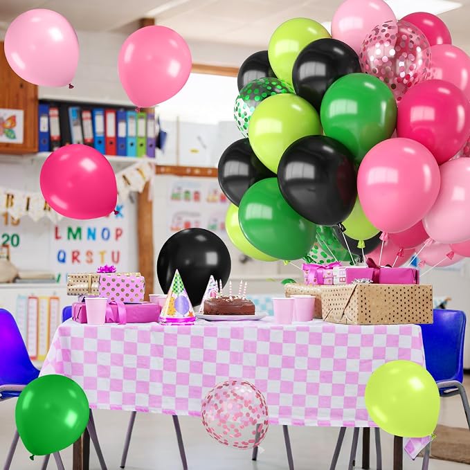 Pink Green and Black Balloons, 12 Inch Hot Light Pink Dark Green Black - Image 7