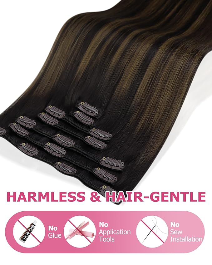 YoungSee Dark Brown Hair Extensions Clip ins Balayage Clip in Human Hair Extensions Dark Roots to Medium Brown Clip on Hair Extension for Women 14inch 120g